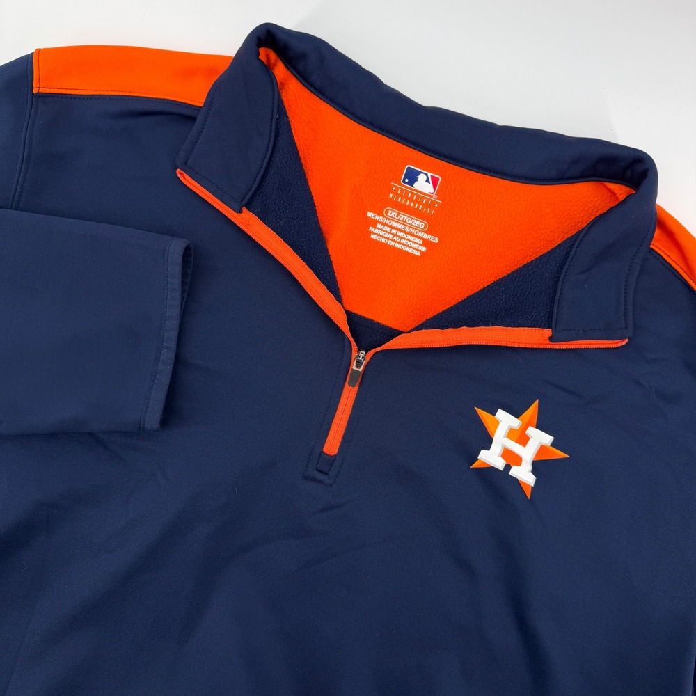 MLB‎ Houston Astros Quarter Zip Pullover Mens 2XL Navy Blue Orange Fleece Neck